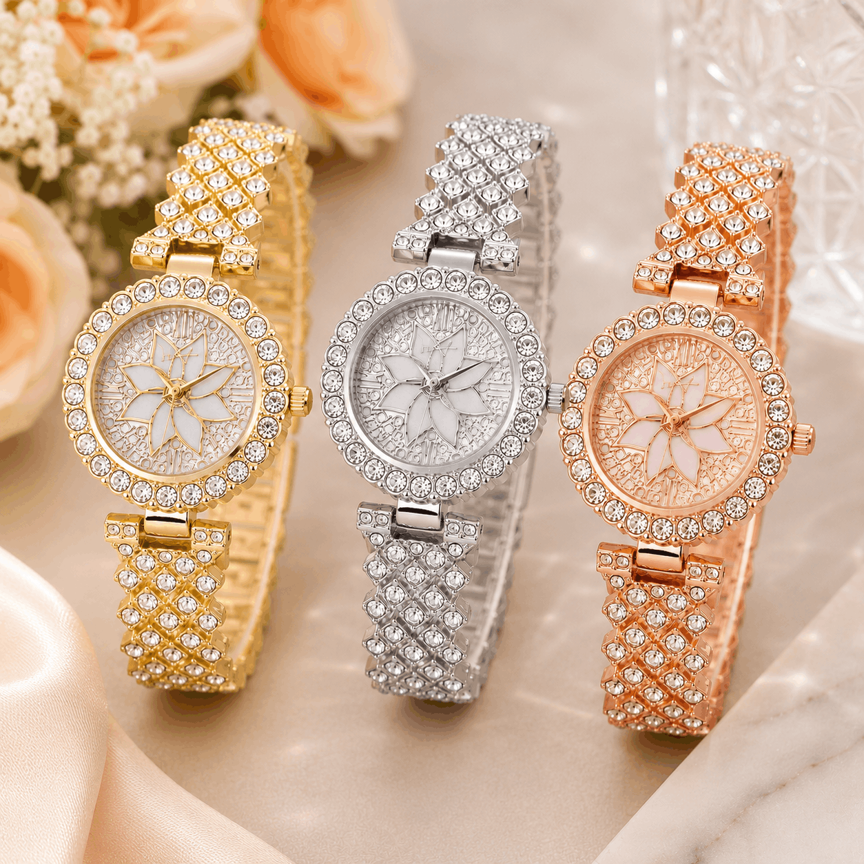 Buy Luxury Floral Crystal Quartz Watch for Women  Rhinestone Bracelet Analog Fashion Wristwatch Gold Online - BEENet Store