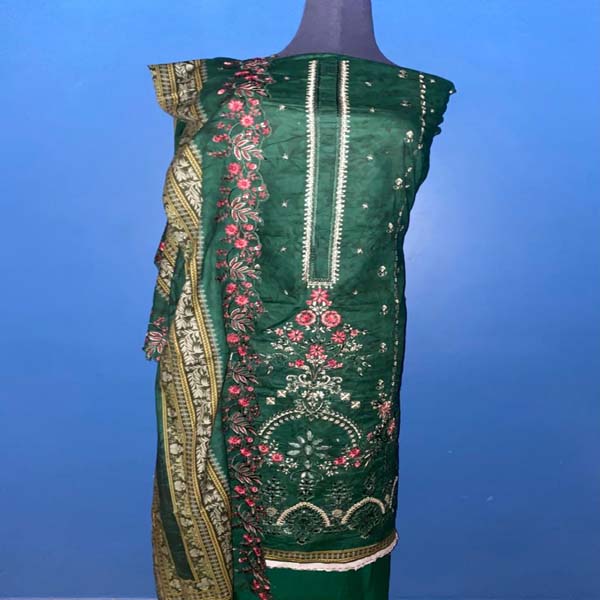 Buy Bottle green Heavy Embroidery ( unstitched suit ) Online - BEENet Store