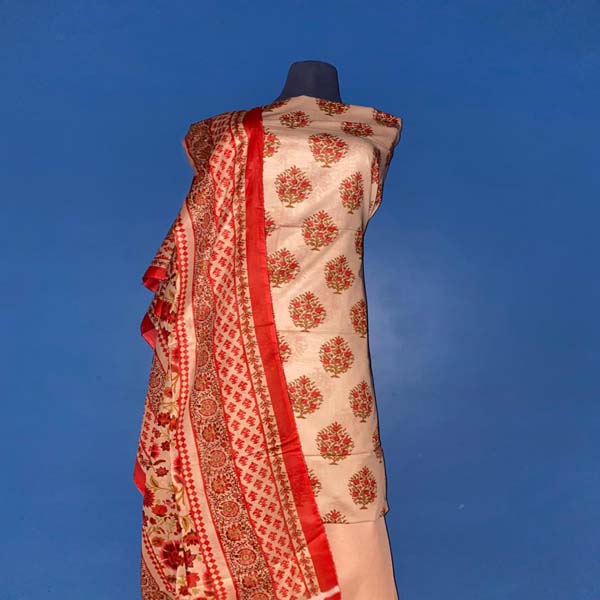 Buy Off-white and Crimson red ( Block print unstitched suit ) Online - BEENet Store