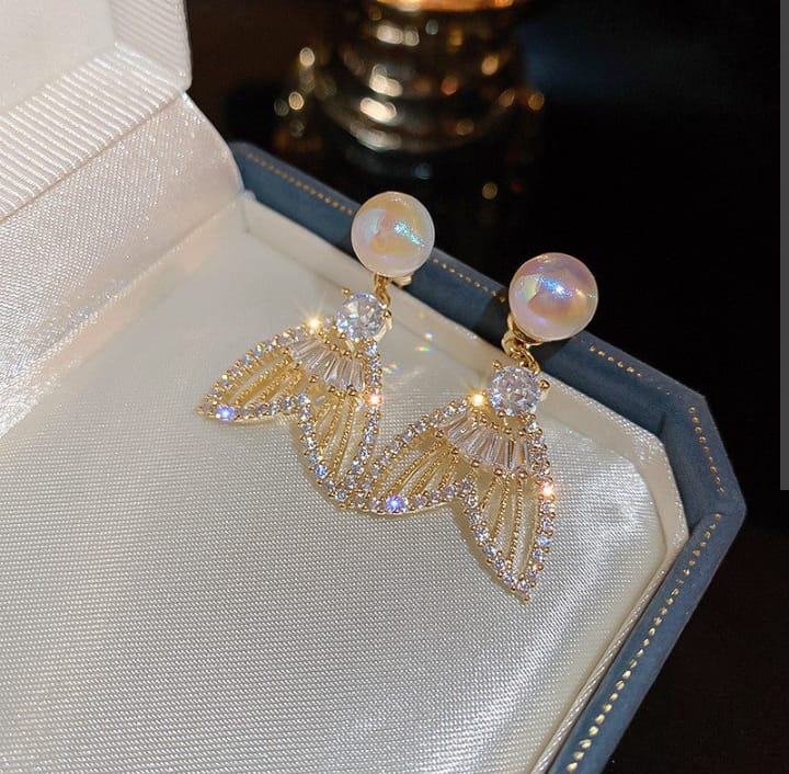 Buy Golden Fishtail Crystal Pearl Drop Earrings Online - BEENet Store