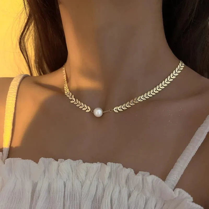 Buy Korean Pearl  Leaf Pendant Necklace for Women  Girls  Elegant Golden Alloy Chain Online - BEENet Store