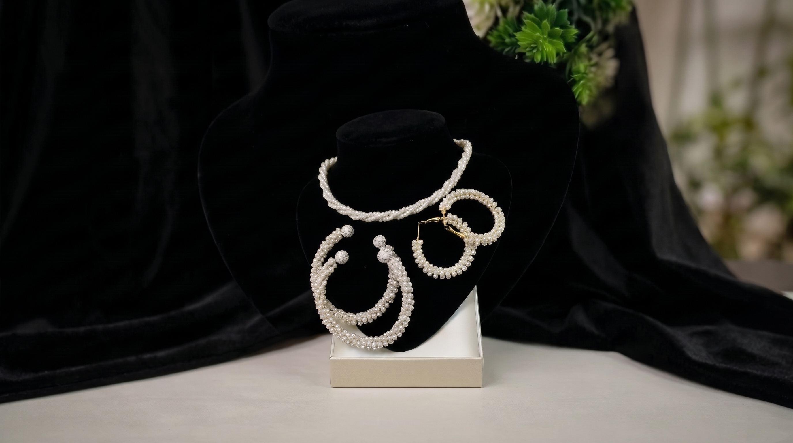 White Pearl Jewelry Set for Women  Elegant Mala Necklace Matching Kangan Bangles  Earrings 3Piece Set