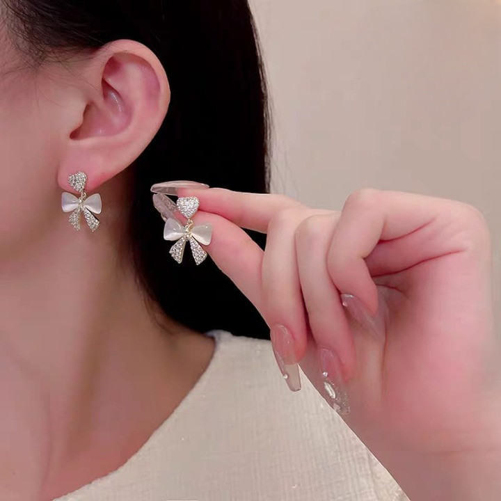 Buy Korean Heart  Bow Zircon Stud Earrings for Women  Elegant Golden Alloy Sparkle Earrings Online - BEENet Store