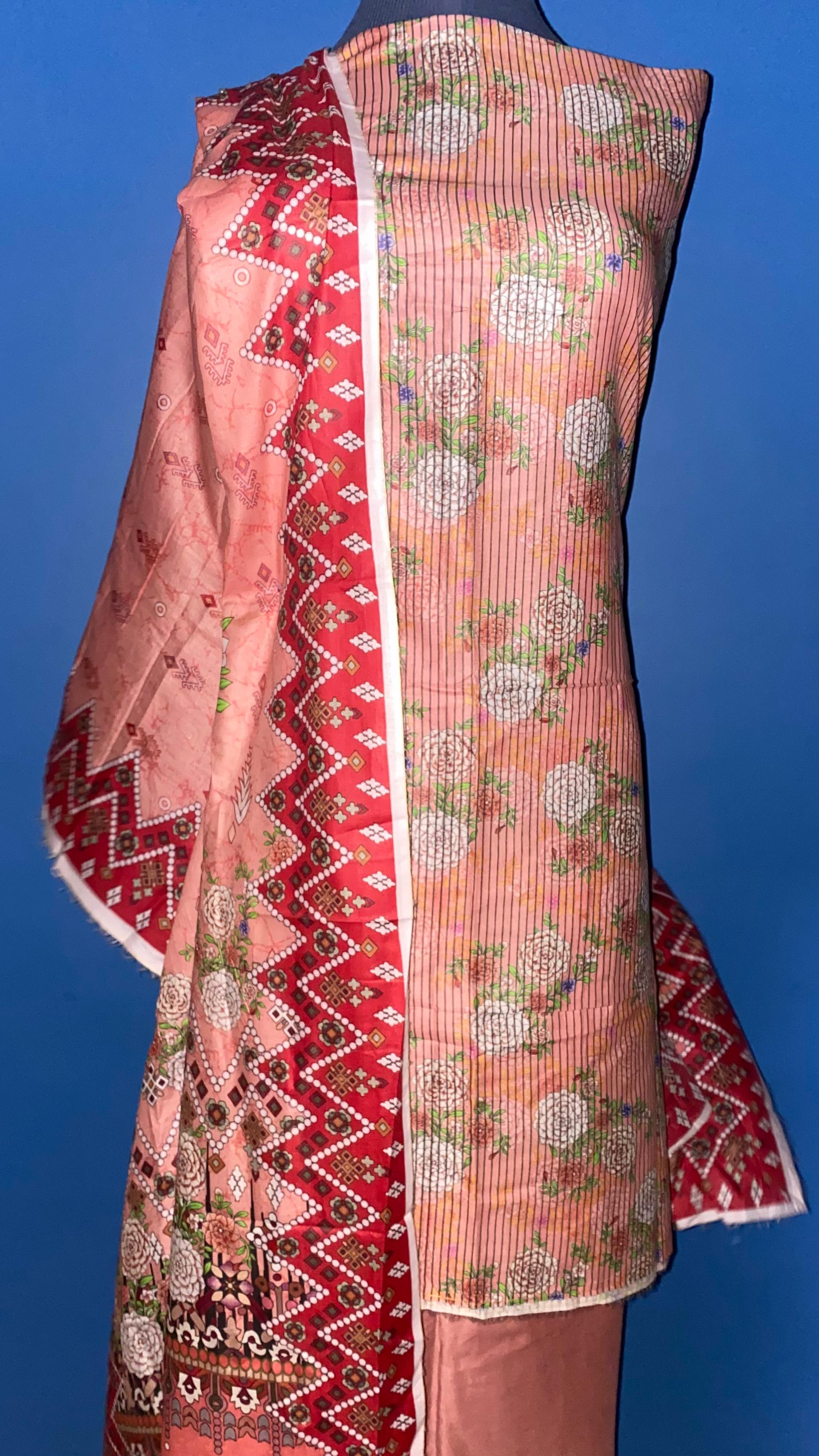 Buy Peach color printed unstitched suit  Online - BEENet Store