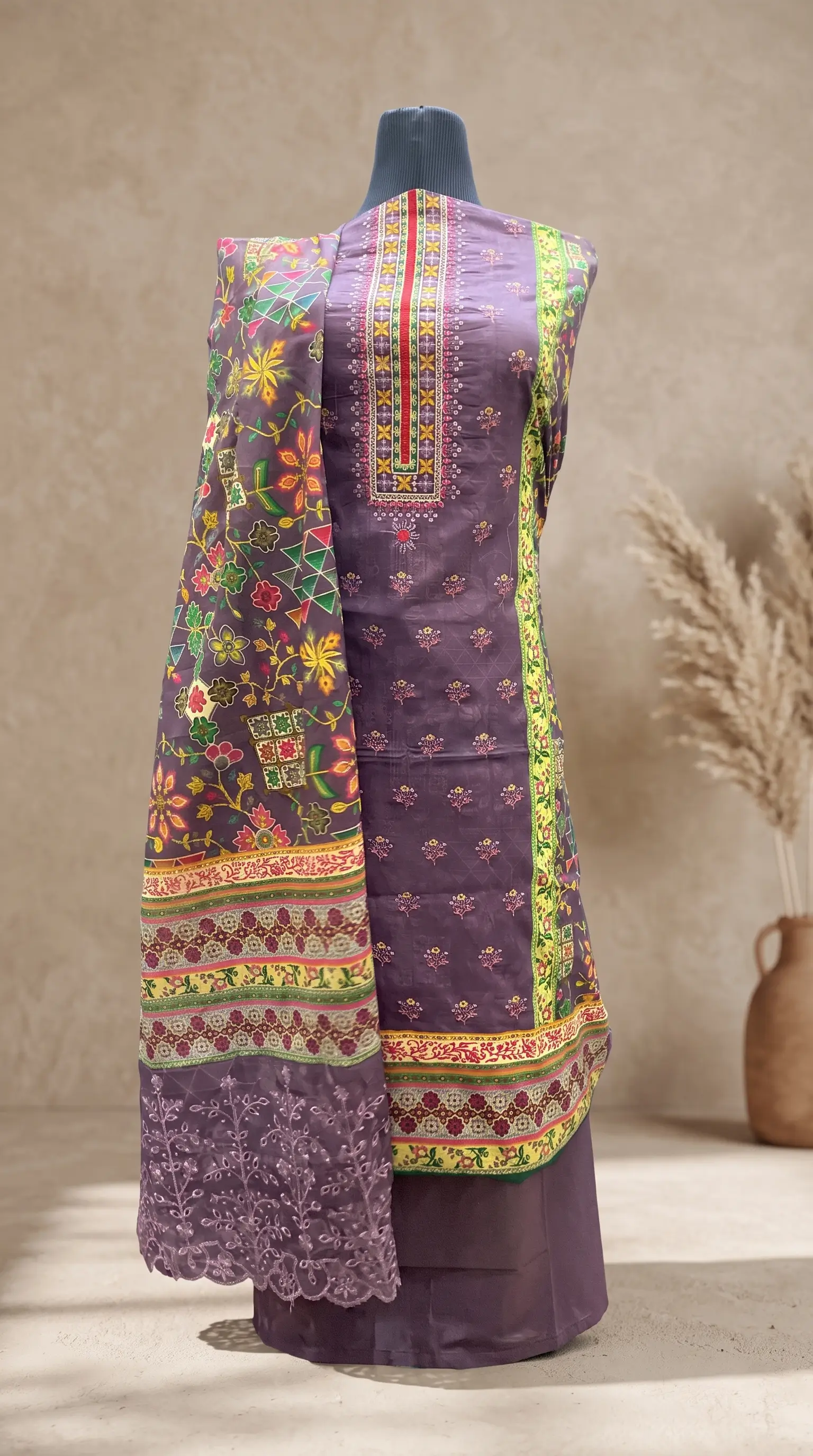 Buy Womens 3Piece Unstitched Embroidered Lawn Suit PurplePlum  Printed Kameez with Embroidered Neckline  Schiffli Cutwork Dupatta Online - BEENet Store