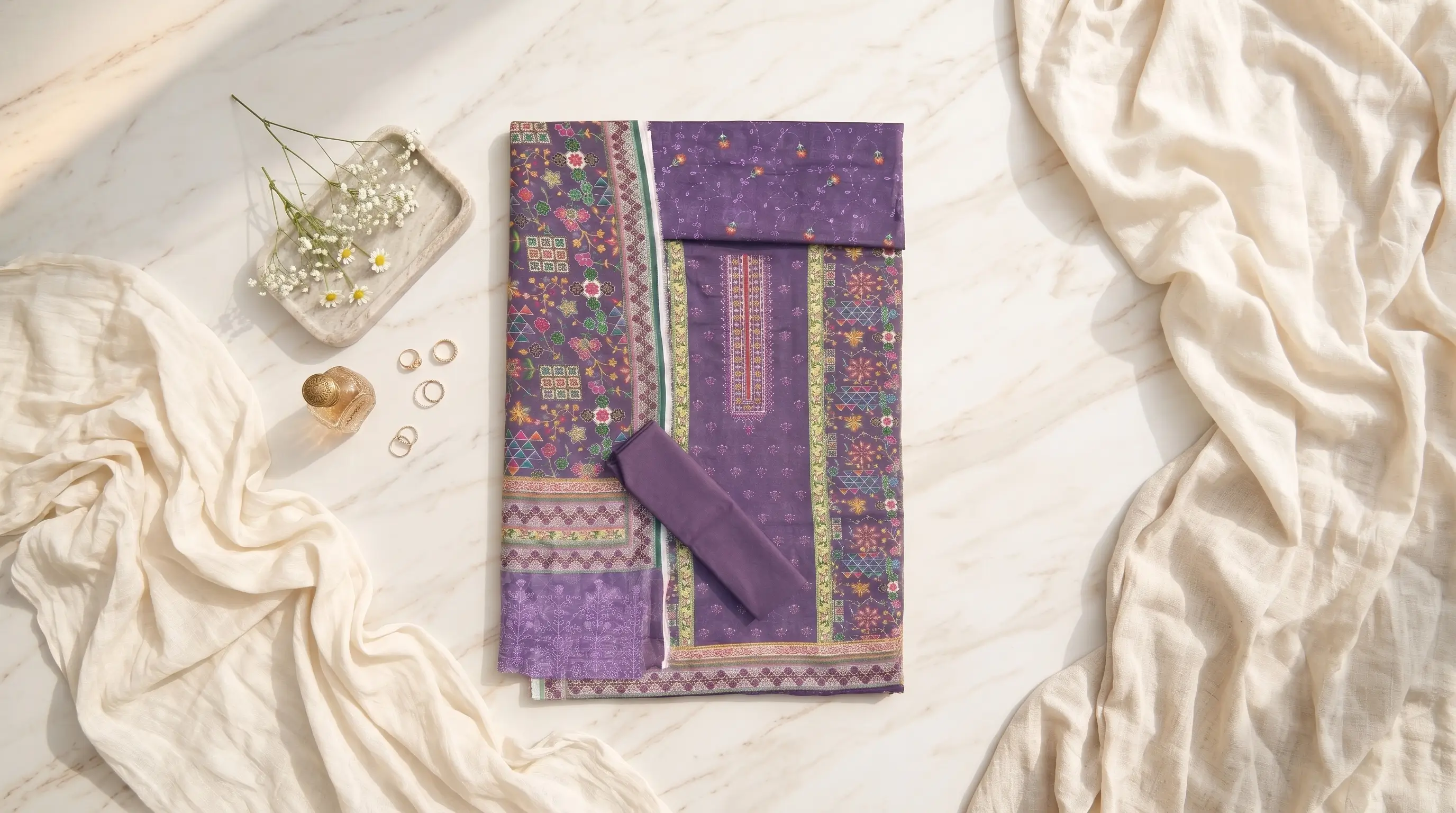 Womens 3Piece Unstitched Embroidered Lawn Suit PurplePlum  Printed Kameez with Embroidered Neckline  Schiffli Cutwork Dupatta