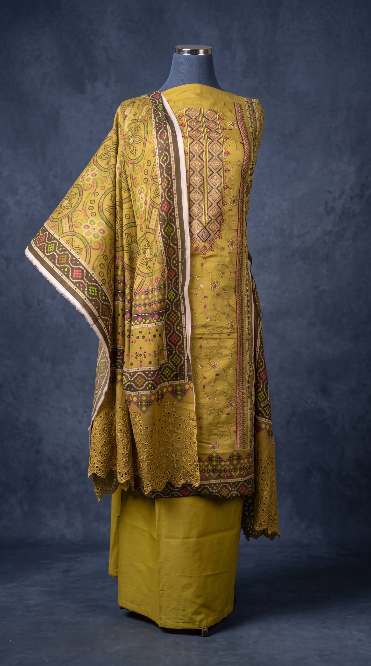 Buy Womens 3Piece Unstitched Embroidered Lawn Suit OliveMustard Green  Printed Kameez with Embroidered Neckline  Schiffli Cutwork Dupatta Online - BEENet Store