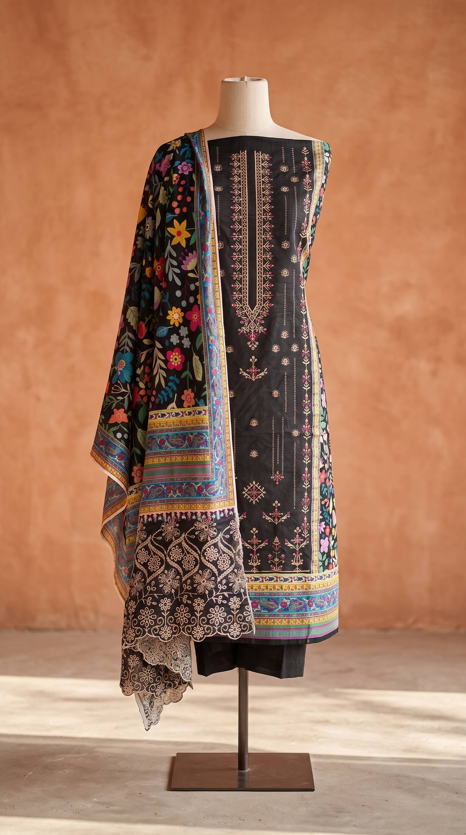 Buy Womens 3Piece Unstitched Embroidered Lawn Suit Black  Printed Kameez with Embroidered Neckline  Vibrant Floral Schiffli Dupatta Online - BEENet Store