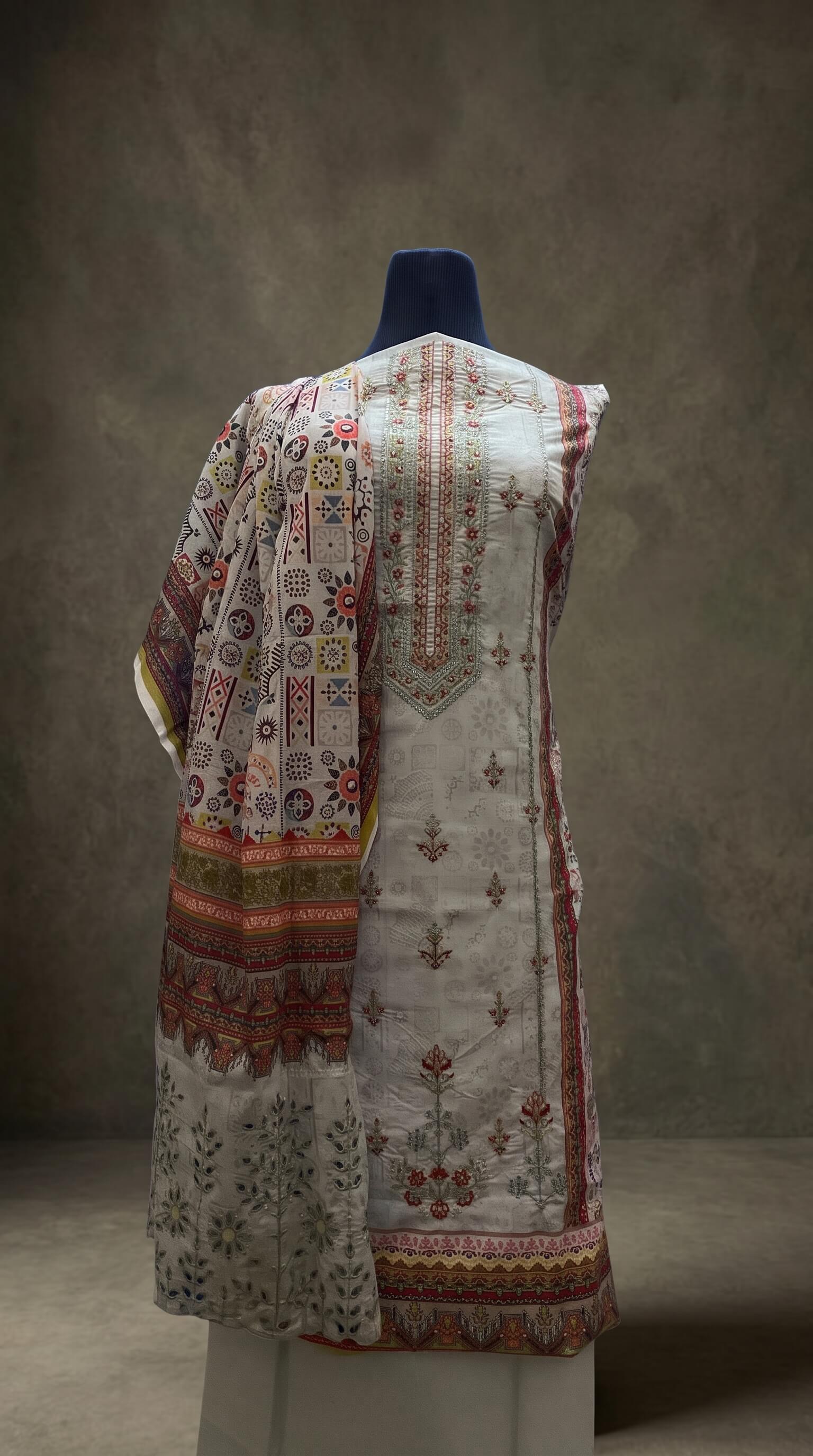 Buy Womens 3Piece Unstitched Embroidered Lawn Suit OffWhiteGrey  Printed Kameez with Embroidered Neckline  Geometric Schiffli Cutwork Dupatta Online - BEENet Store