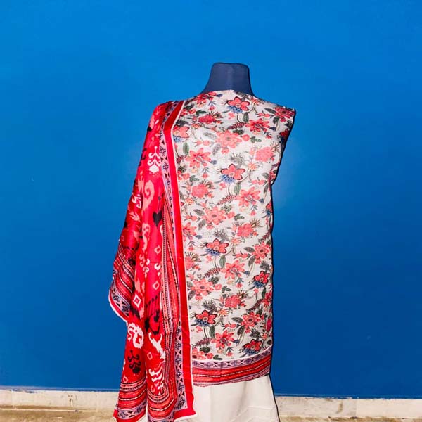 Buy Floral Off-white + coral red ( printed unstitched suit ) Online - BEENet Store