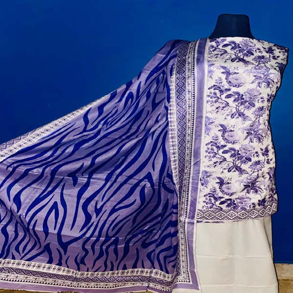 Buy Floral cream and lavender + royal blue ( printed unstitched suit ) Online - BEENet Store