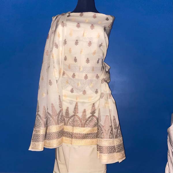 Buy Off-white + brown butti ( unstitched suit ) Online - BEENet Store